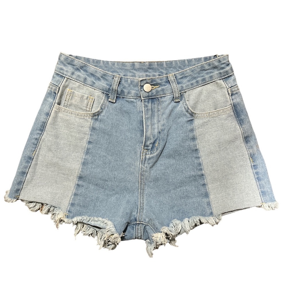 SHEIN Color block Patchwork High Waist Denim Cutoffs Light Wash Small Retro Y2K‎
